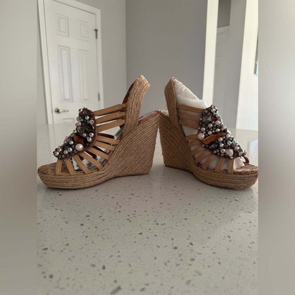 Naughty Monkey Scream Queen Tan Rhinestone Wedge Sandals Size 7.5